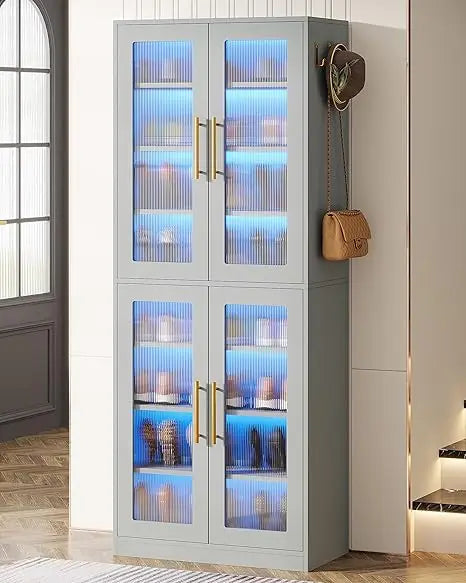 Tall Shoe Storage Cabinet with Acrylic Doors and LED Lights, 8-Tier Entryway Shoe Organizer Rack with Adjustable Shelves and Ha