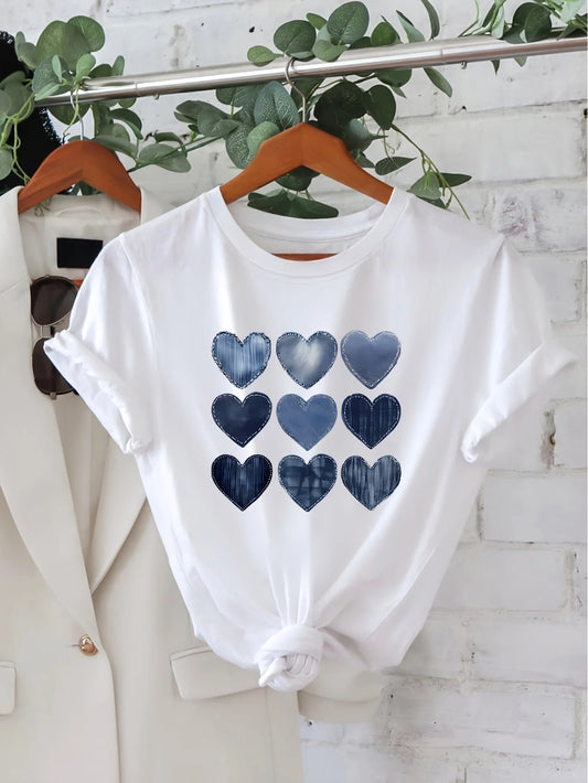 [New Arrival, Fashion T-Shirt] 2025 Spring-Summer Women's Heart Print Round Neck Short Sleeve Casual T-Shirt