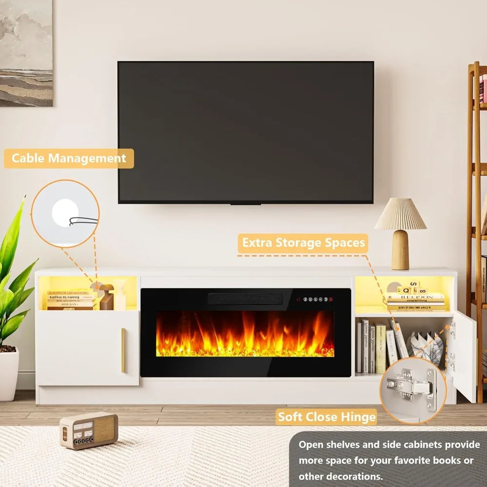 Fireplace TV Stand Entertainment Center with 36" Fireplace, 70" Wooden TV Stand for TVs Up to 80",Media TV Console with High Gl