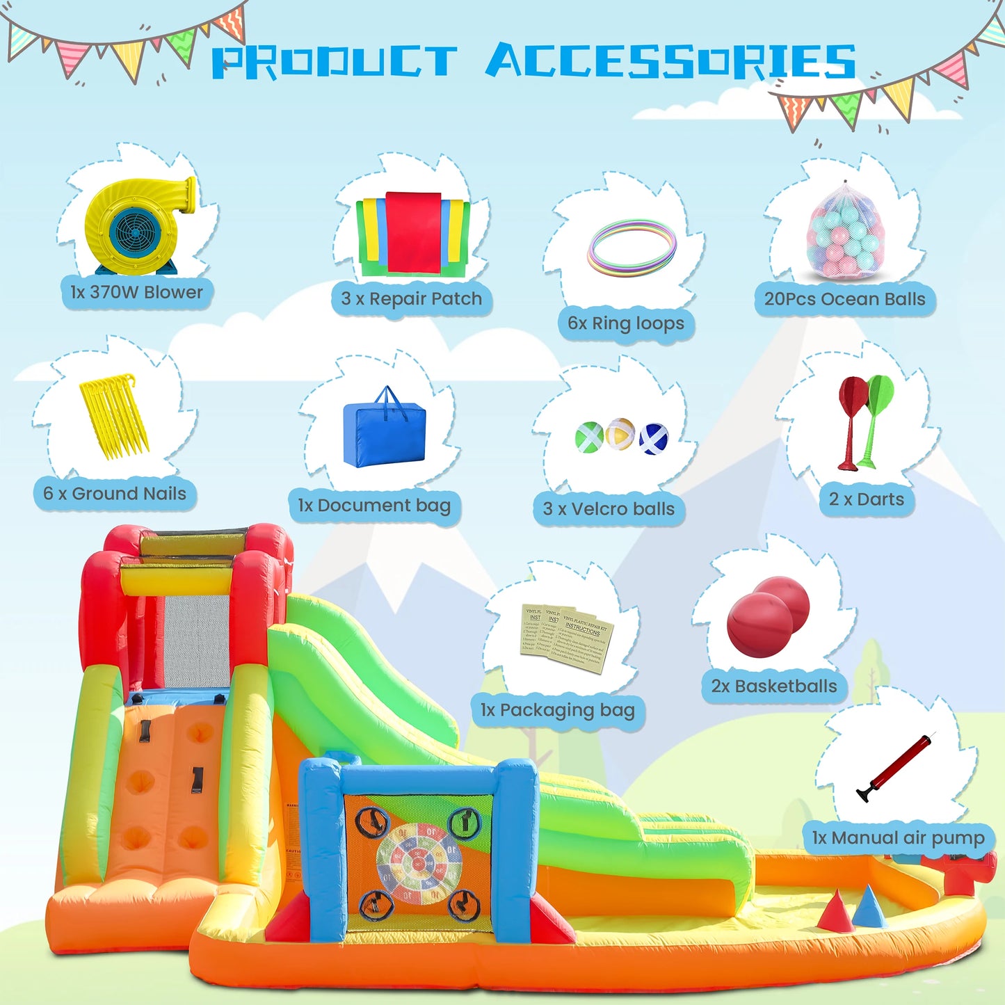 Kids Inflatable Double Water Slide Bounce House w/Water Gun Climbing Wall Dart Commercial children's playground