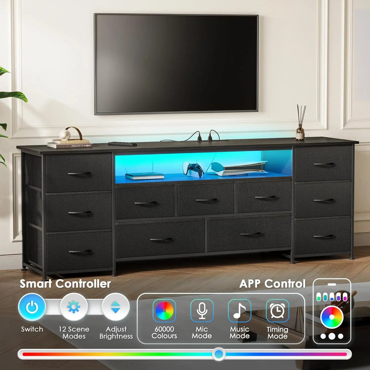 63 Inch TV Stand for 65, 70 Inch TV, 11 Drawer Long Dresser with Power Outlets and LED Lights, Entertainment Center with Storage