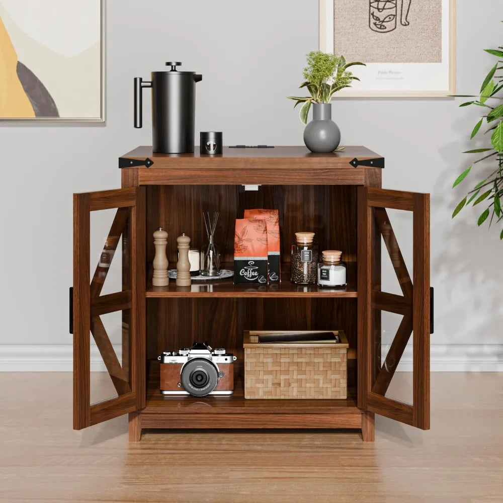 Farmhouse End Table, 24" Large Wood Square Nightstand with Doors, Sofa Side Table Set of 2 with Charging Station Modern Nightst
