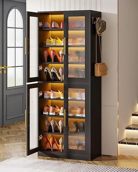 Tall Shoe Storage Cabinet with Acrylic Doors and LED Lights, 8-Tier Entryway Shoe Organizer Rack with Adjustable Shelves and Ha