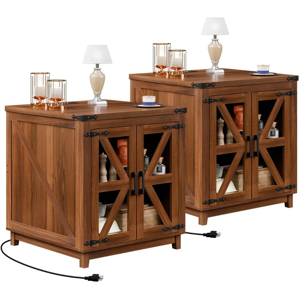 Farmhouse End Table, 24" Large Wood Square Nightstand with Doors, Sofa Side Table Set of 2 with Charging Station Modern Nightst