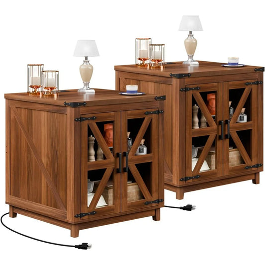 Farmhouse End Table, 24" Large Wood Square Nightstand with Doors, Sofa Side Table Set of 2 with Charging Station Modern Nightst