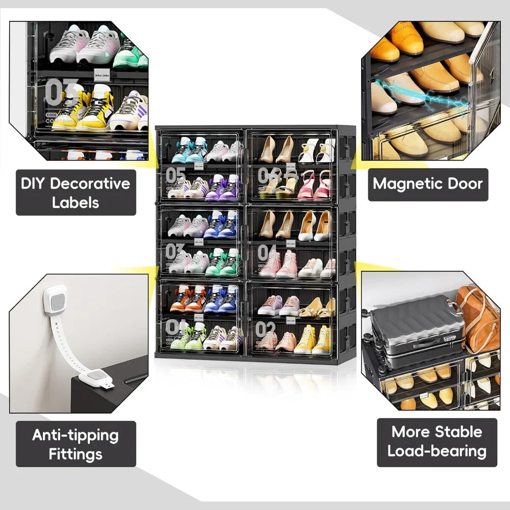 JEKO&JEKO 6 Tiers 24 Pairs Foldable Shoe Rack Organizer Fits Size 12 for Closet Entryway, Large Collapsible Shoe Storage Organiz
