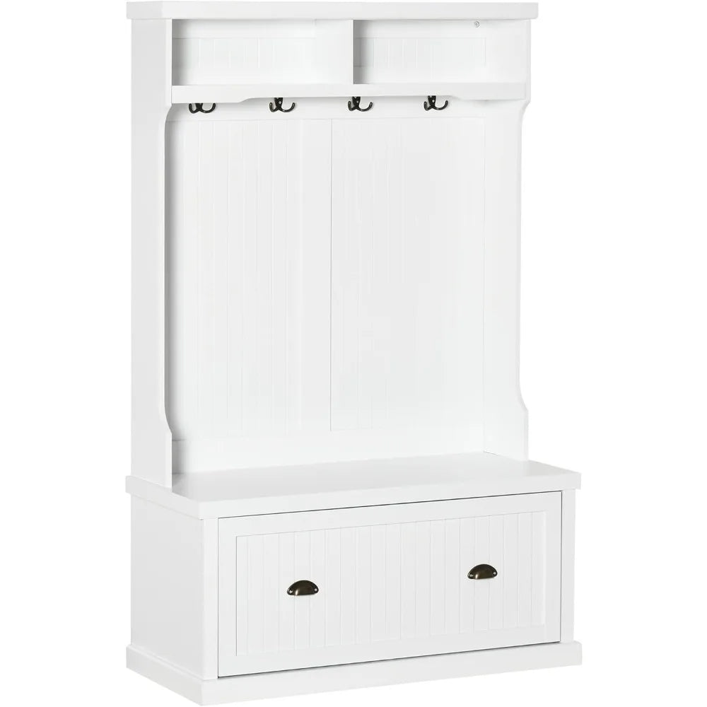 Entryway Bench with Coat Rack, 4 Double Hooks and 2 Compartments, Hall Tree with Bench and Shoe Storage for Hallway, Living Roo