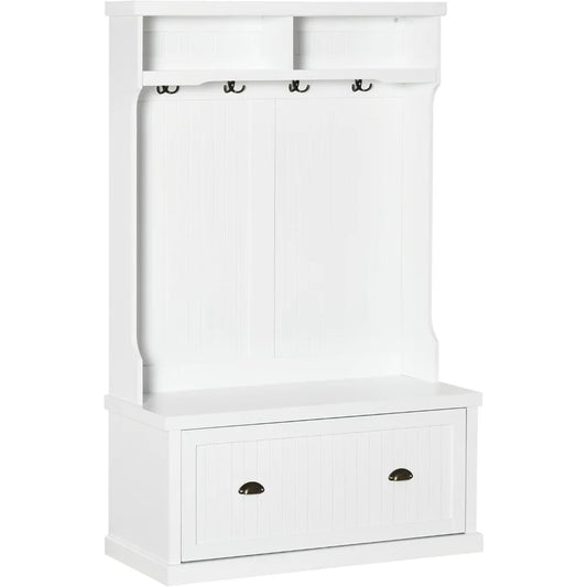 Entryway Bench with Coat Rack, 4 Double Hooks and 2 Compartments, Hall Tree with Bench and Shoe Storage for Hallway, Living Roo