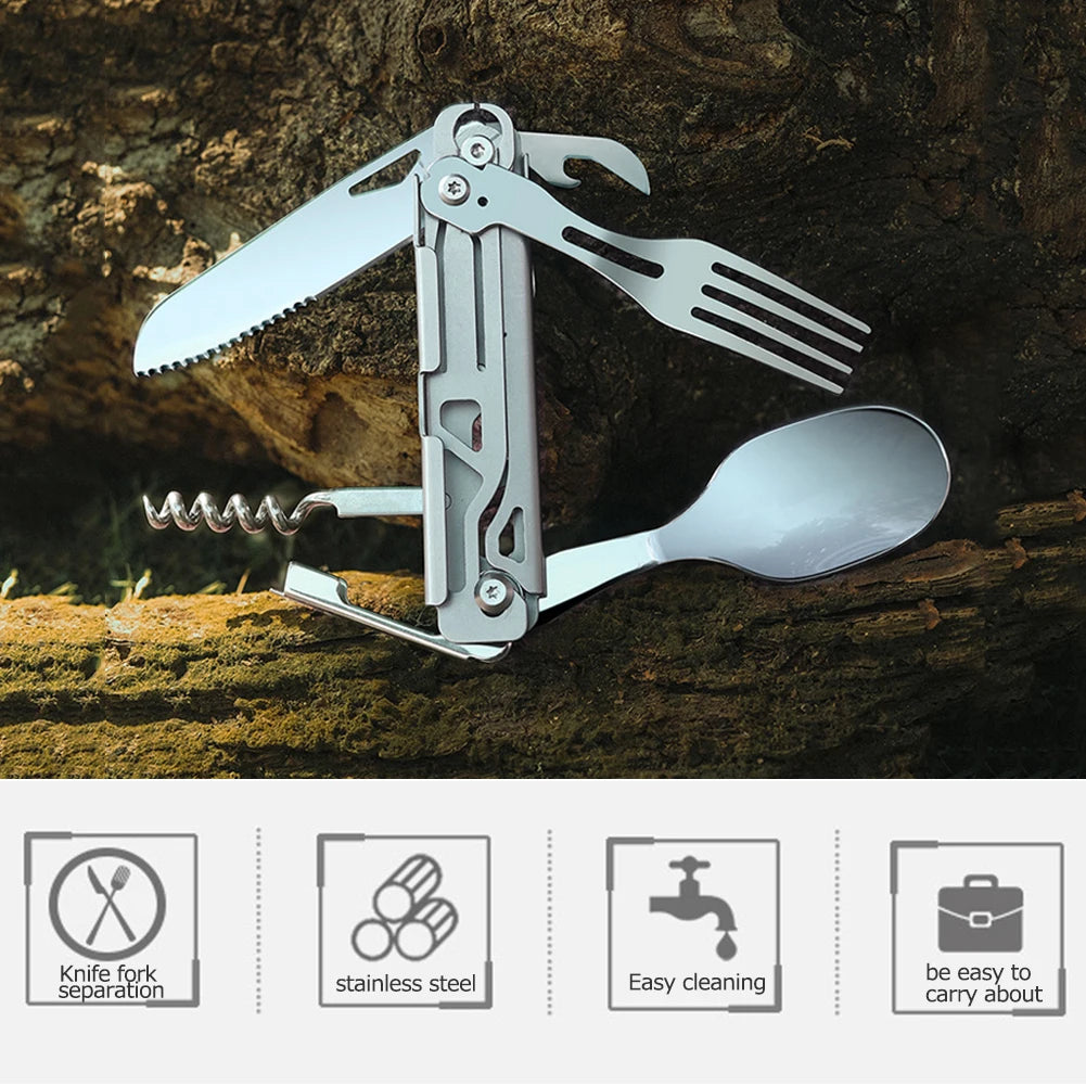 Six in One Multifunctional Foldable Camping Cutlery Set Portable Stainless Steel Outdoor Utensils for Picnic Hike Travel