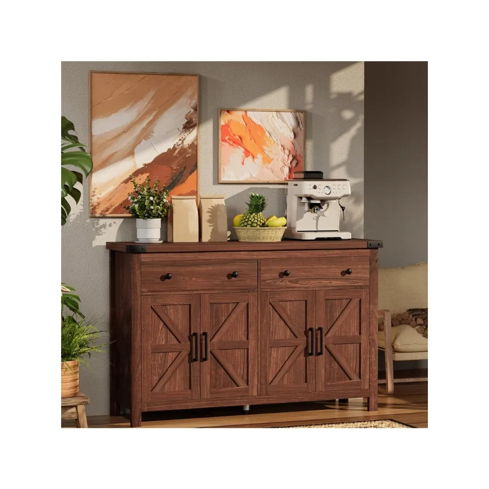 Buffet Cabinet with Storage Farmhouse with 4 Doors and 2 Drawers, 55'' Large Kitchen Storage Cabinet Cherry Wood Coffee Bar