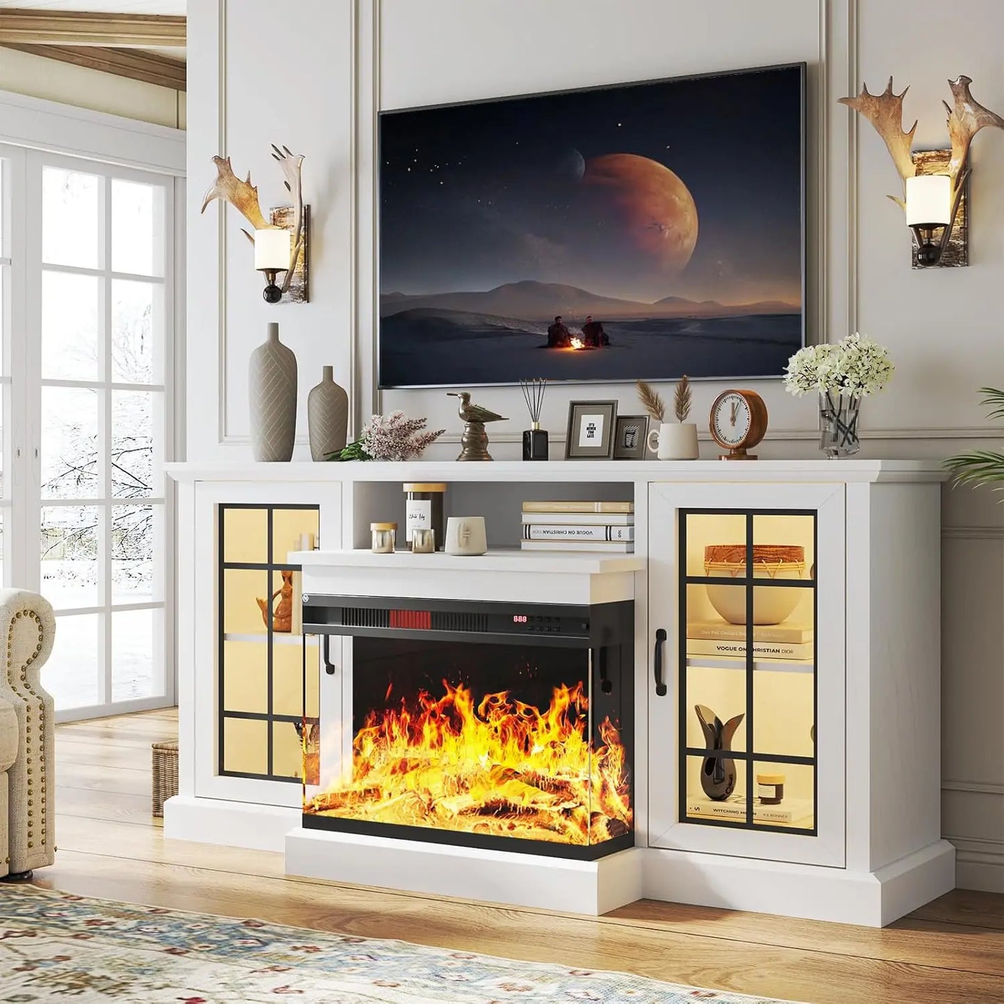 59"Glass Fireplace TV Stand w/ 3-Sided View - Holds 65" TVs | Adjustable Flame LED Colors & Glass Doors