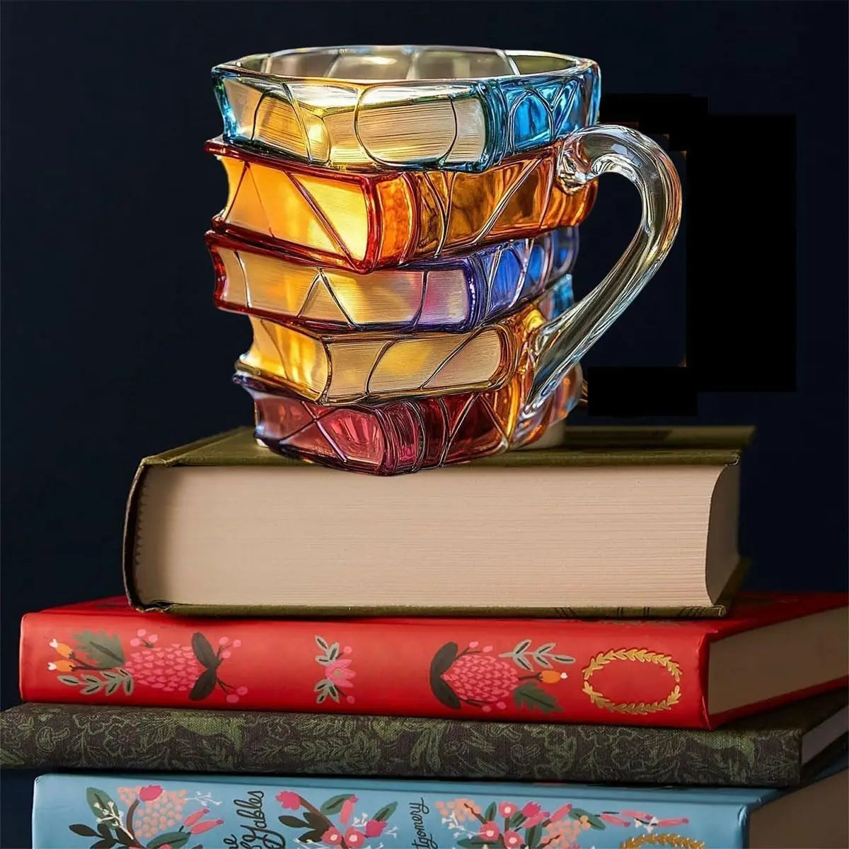 Painted Book Mug, 3D Colored Glass Book Coffee Mug, Novelty Unique Books Stack Coffee Cup, Gifts For Literature Book Lovers