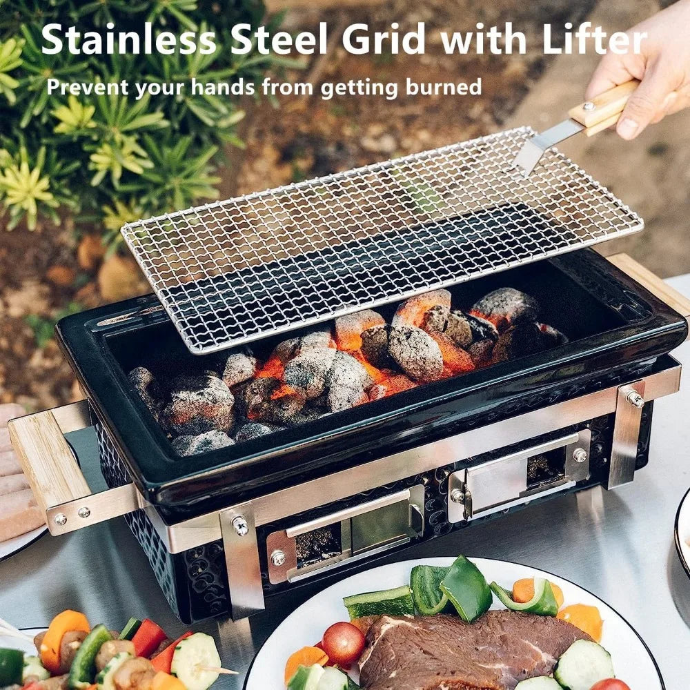 Onlyfire Charcoal BBQ Grill Hibachi Grill with Grid Lifter, Portable Yakitori Grill with Stainless Steel Grate, Barbecue Stove f