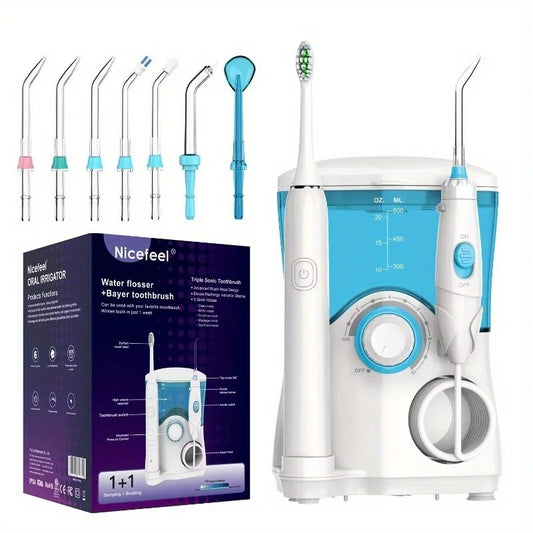 2-in-1 Electric Toothbrush Water Flosser Oral Irrigator 600ML Desktop Water Flosser Dental Irrigation with 7 Nozzles for Homeuse