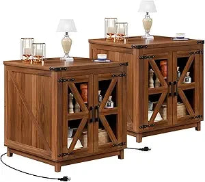 Farmhouse End Table, 24" Large Wood Square Nightstand with Doors, Sofa Side Table Set of 2 with Charging Station Modern Nightst