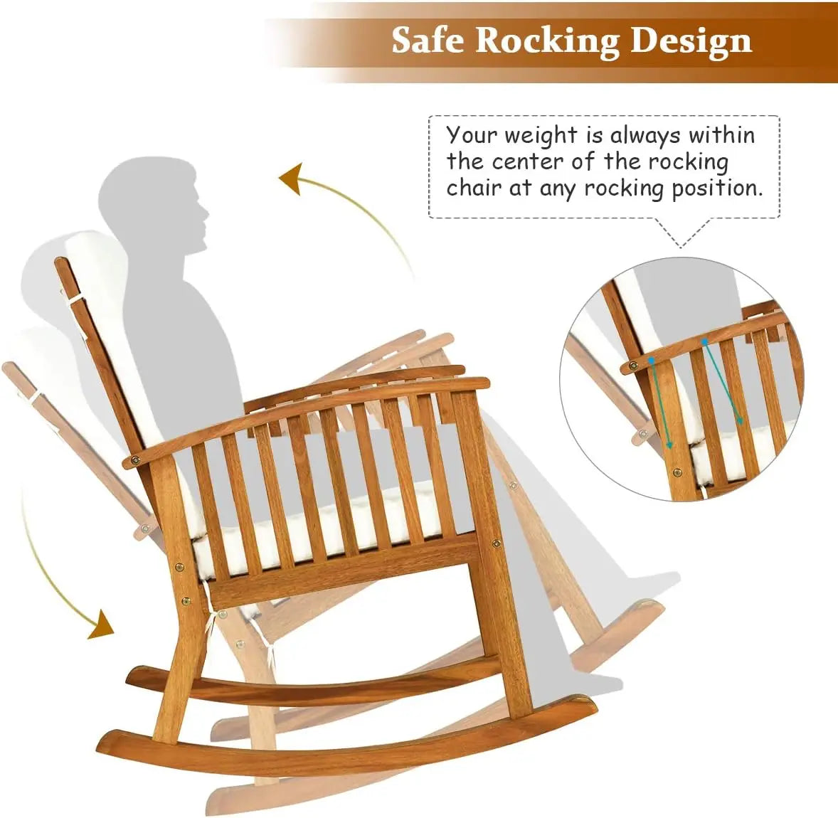 Outdoor Acacia Wood Rocking Chair, Wooden Rocker w/Detachable Washable Cushions, Rocker for Porch Garden Patio Balcony