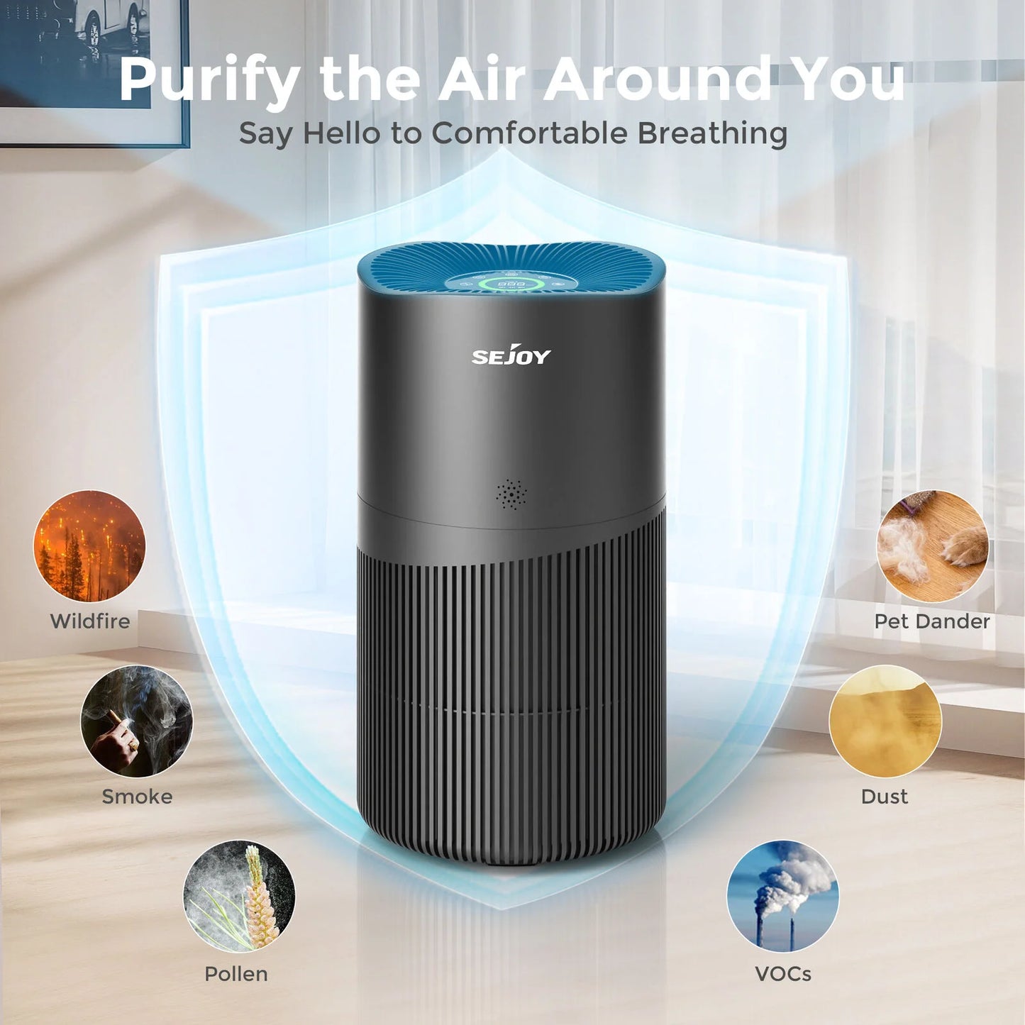 SEJOY 3 Speed HEPA Air Purifier Air Fresh for Home Allergies Dust Pollen CARB Approved Real-Time Air Quality Monitor