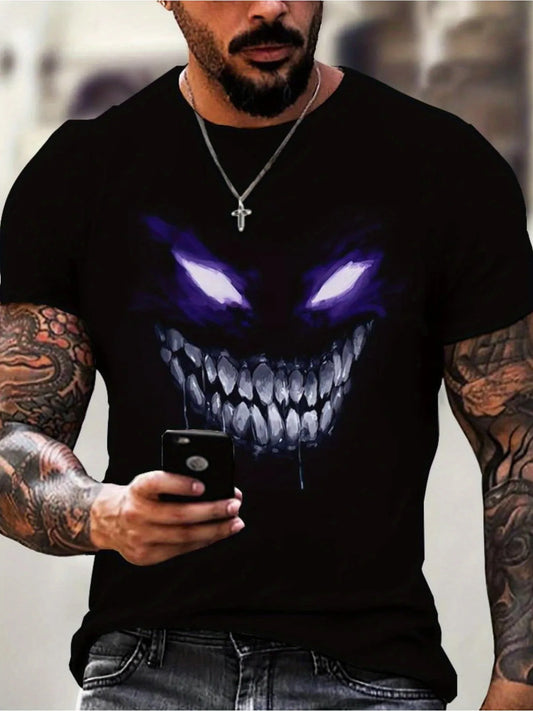 Men's Graphic Devil T-Shirt - 100% Cotton, Crew Neck, Short Sleeve, Black Casual Wear for All Seasons - Perfect Gift