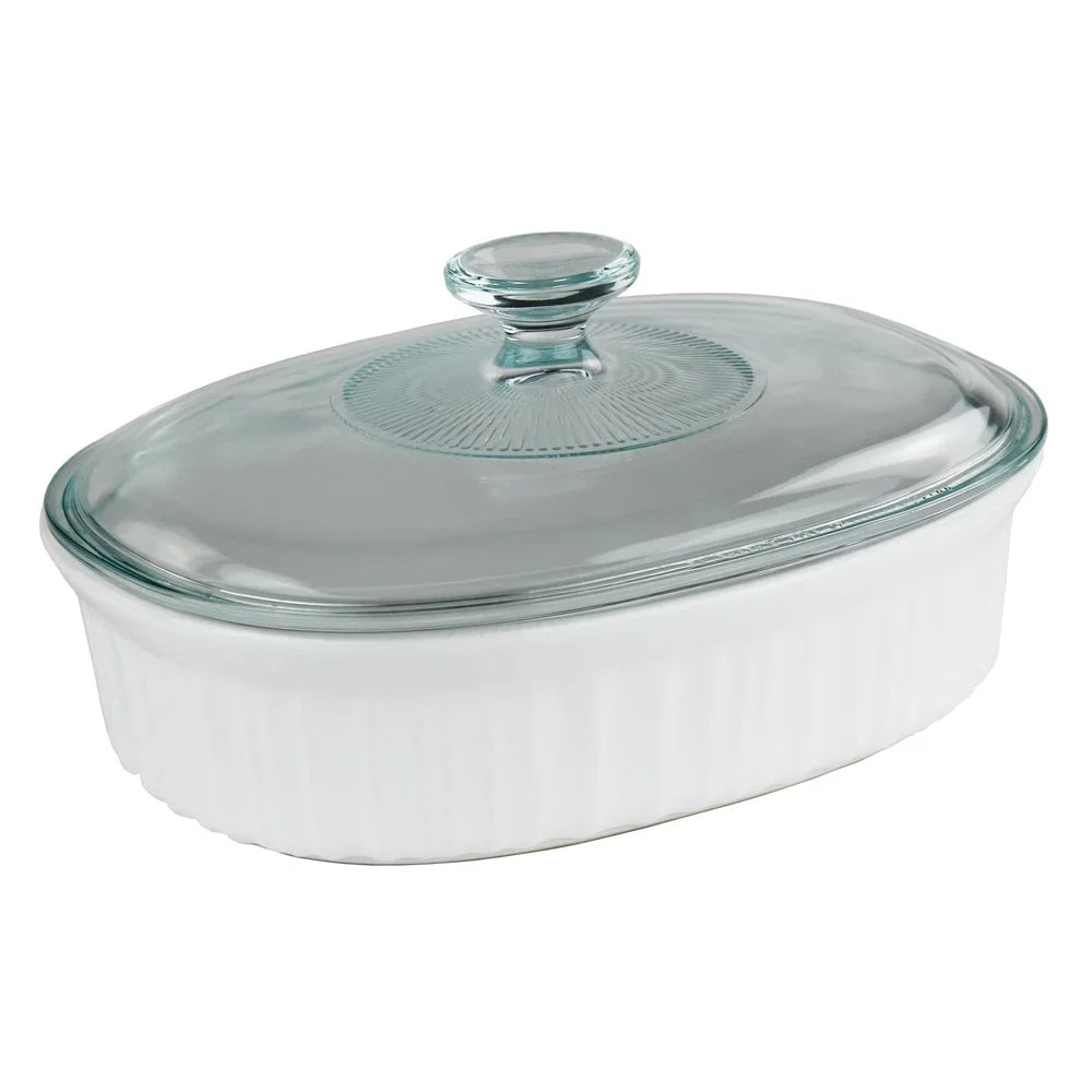 French White Ceramic Casserole Dish Oven Safe Bakeware Set with Glass Lid Durable Non-Porous Stoneware Kitchen to Table Ideal