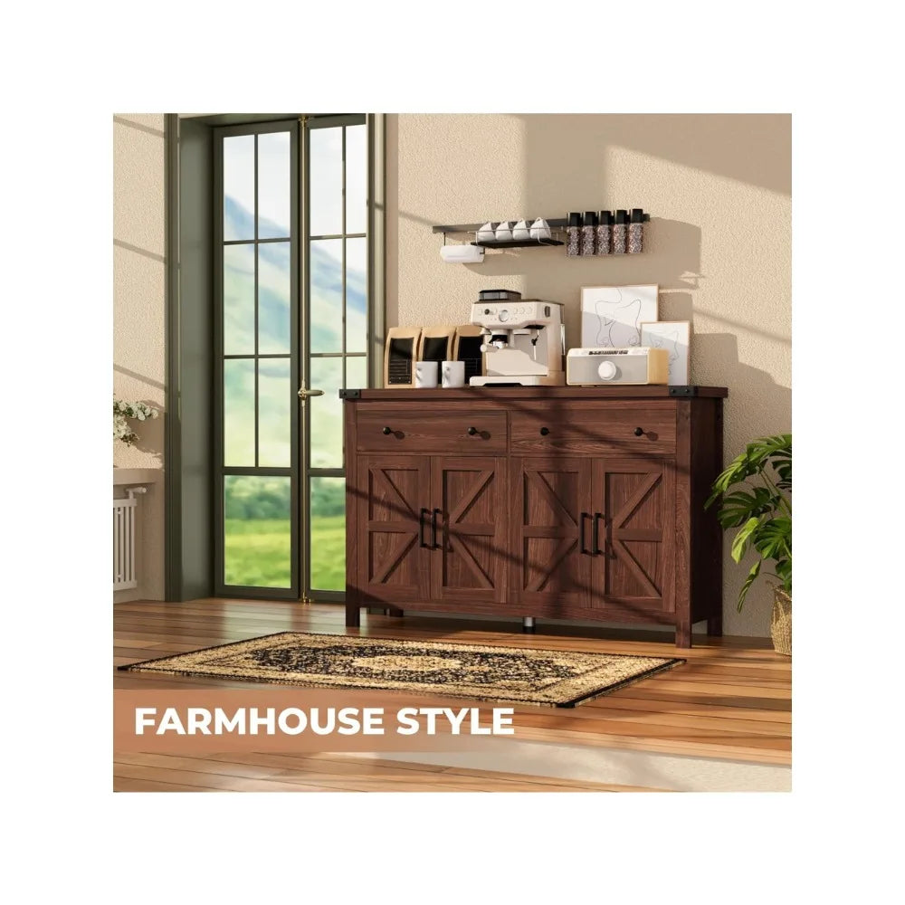 Buffet Cabinet with Storage Farmhouse with 4 Doors and 2 Drawers, 55'' Large Kitchen Storage Cabinet Cherry Wood Coffee Bar