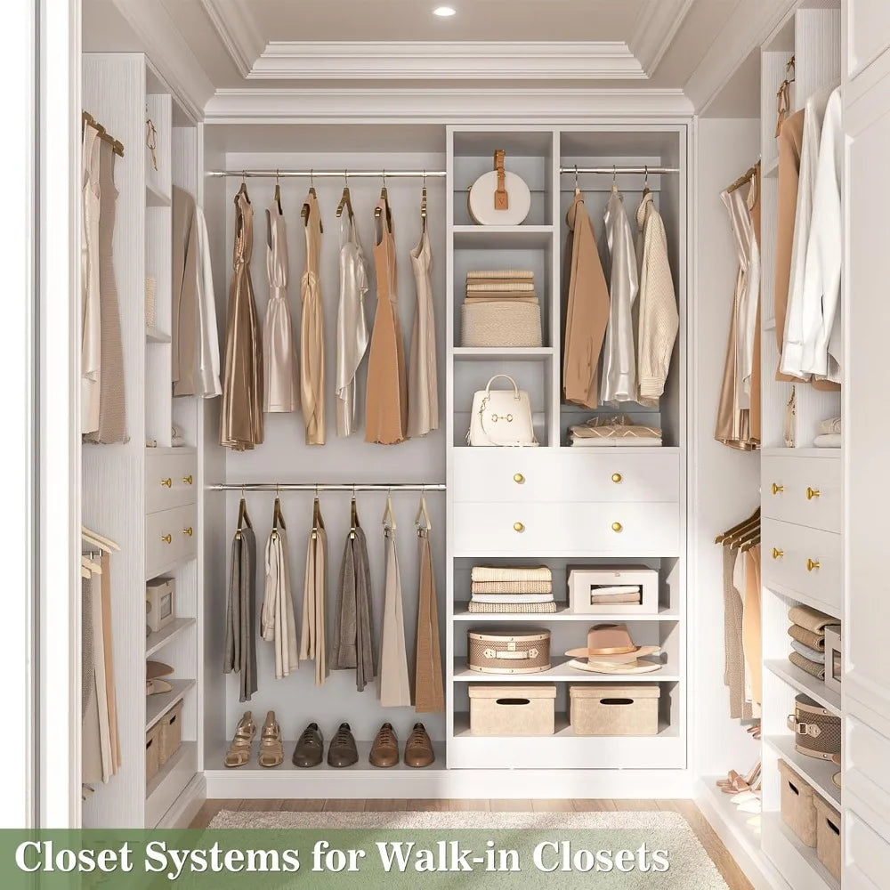 Closet System, 4-8.8 FT Closet Organizer with 2 Wooden Drawers and Shelves, Walk-in Closet System with 5 Hang Rods, Built-in Rea