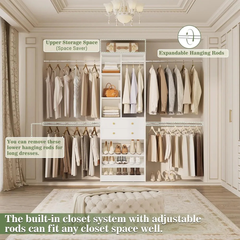 Closet System, 4-8.8 FT Closet Organizer with 2 Wooden Drawers and Shelves, Walk-in Closet System with 5 Hang Rods, Built-in Rea