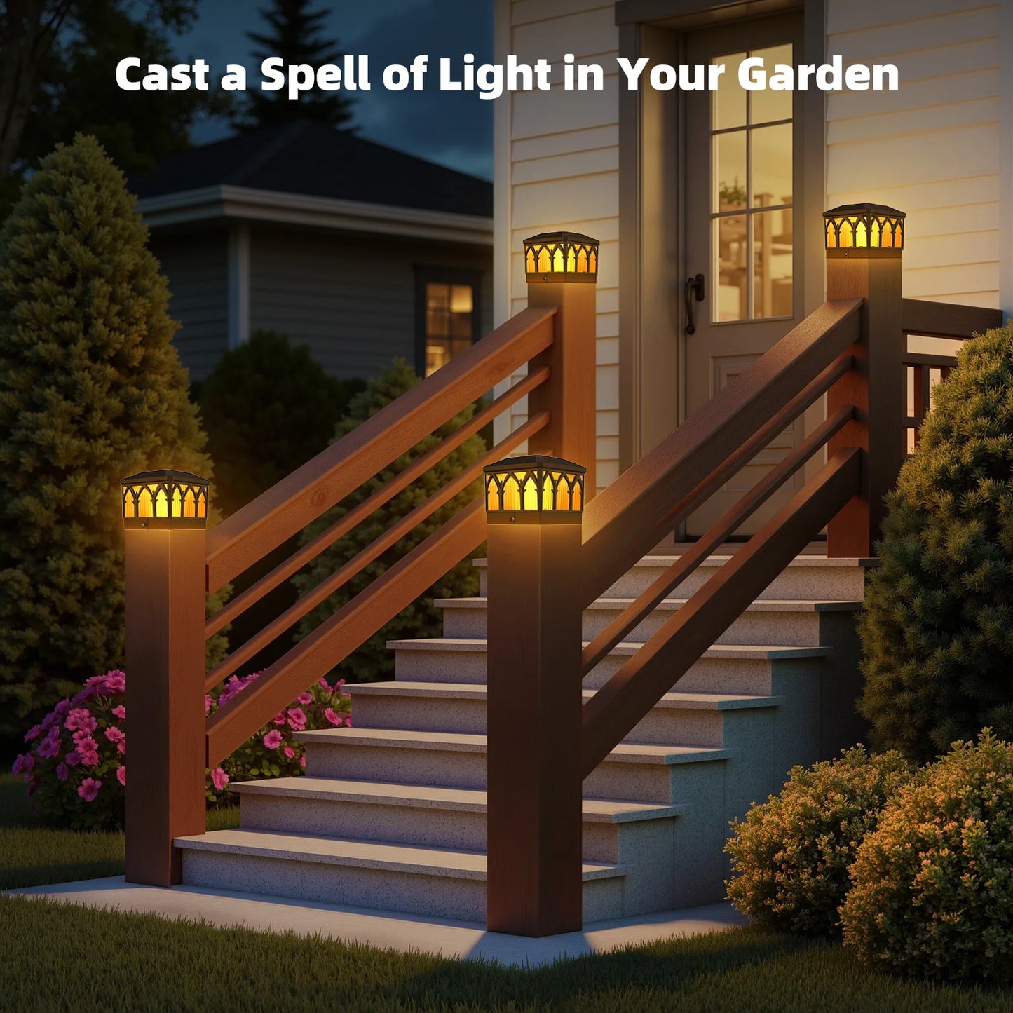 4 Pack Solar Flame Post Cap Lights, 2 Modes (Flame/Warm), IPX5, Fit 3.5x3.5/4x4 Posts, for Deck/Fence/Yard, Vinyl/Wooden