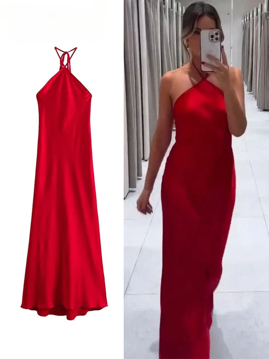 2025 Halter Long Dresses for Women Backless Satin Dress Woman Off Shoulder  Midi Dresses Elegant Evening Party Dress
