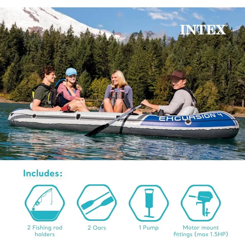 Intex Excursion Inflatable Boat Series with Deluxe 54 Inch Boat Oars and High Output Pump Super Tough PVC