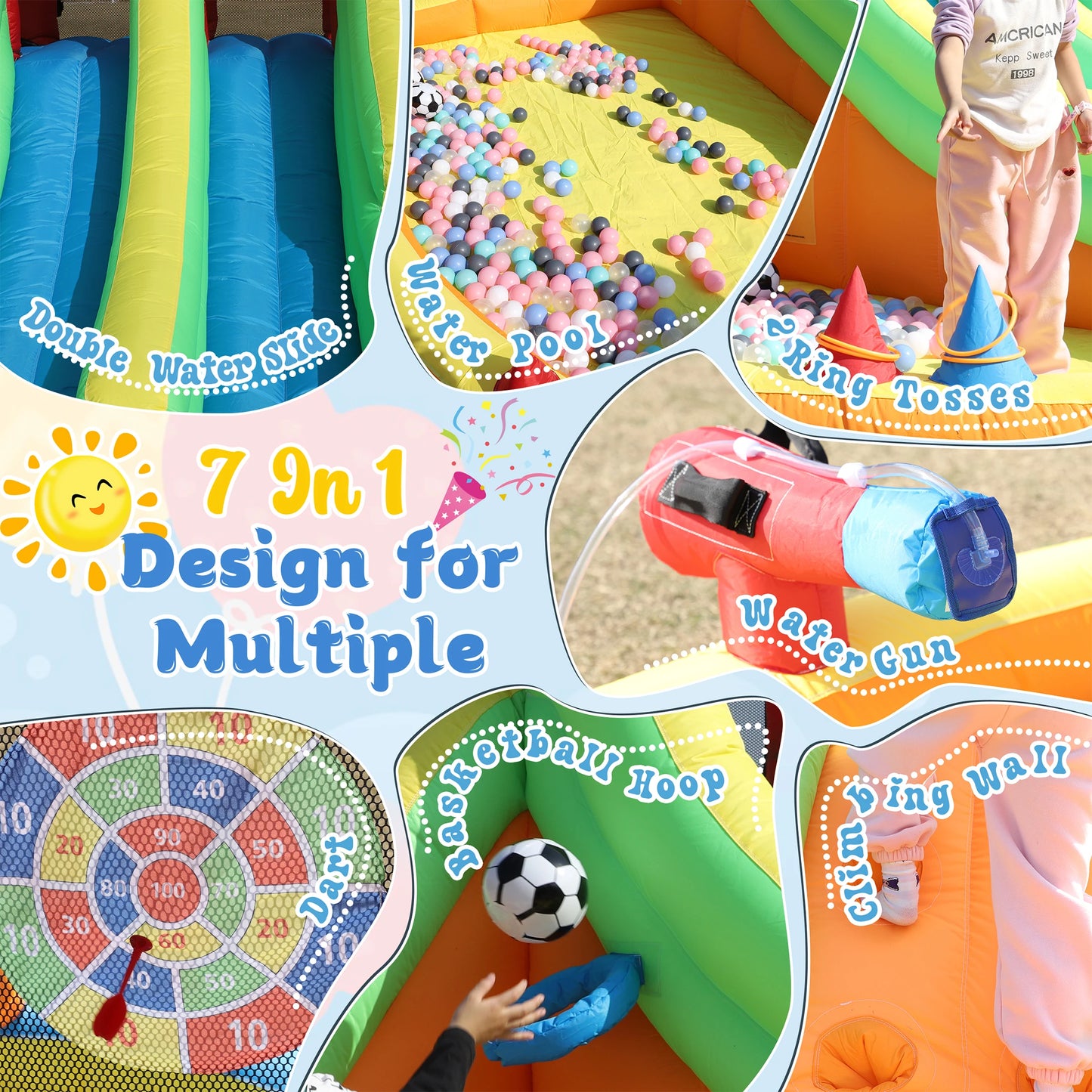 Kids Inflatable Double Water Slide Bounce House w/Water Gun Climbing Wall Dart Commercial children's playground
