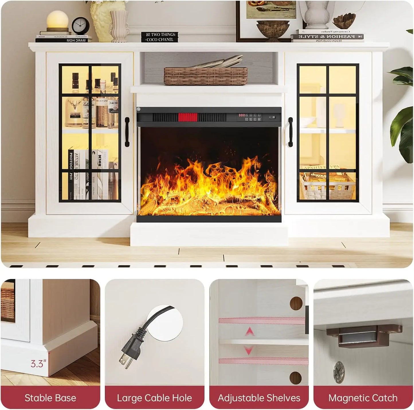 59"Glass Fireplace TV Stand w/ 3-Sided View - Holds 65" TVs | Adjustable Flame LED Colors & Glass Doors