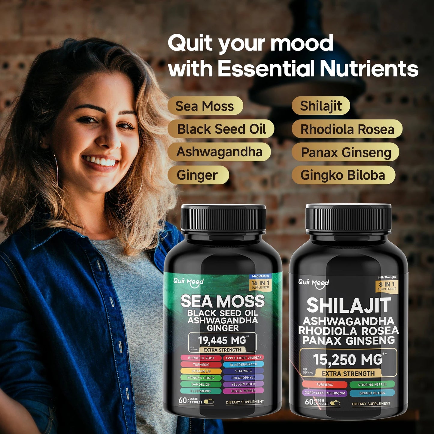 Sea Moss and Shilajit Bundle 120 Capsules with Black Seed Oil Ashwagandha Ginger Burdock Root Turmeric and Black Pepper