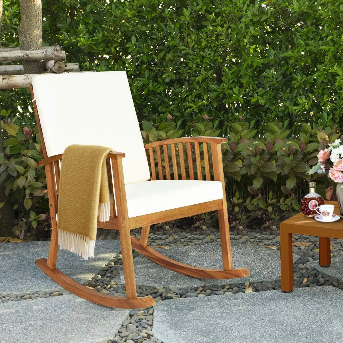 Outdoor Acacia Wood Rocking Chair, Wooden Rocker w/Detachable Washable Cushions, Rocker for Porch Garden Patio Balcony