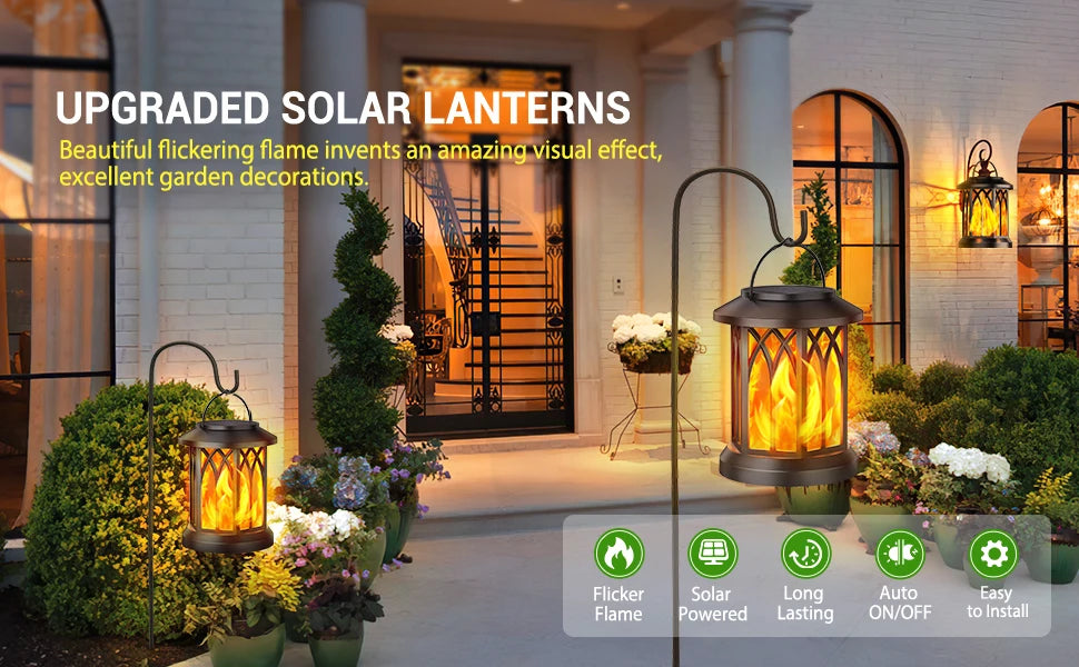 2 Pack Upgraded Flickering Flame Solar Lanterns Lights Outdoor, Solar Hanging Lights Outdoor for Garden, Bronze/Black