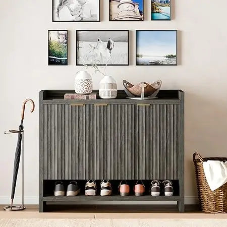 49.4" Fluted Shoe Cabinet, 3 Hinge Doors and 5 Shelves, Shoe Storage Organzier Rack with Handle for Entryway Hallway Bedroom Liv