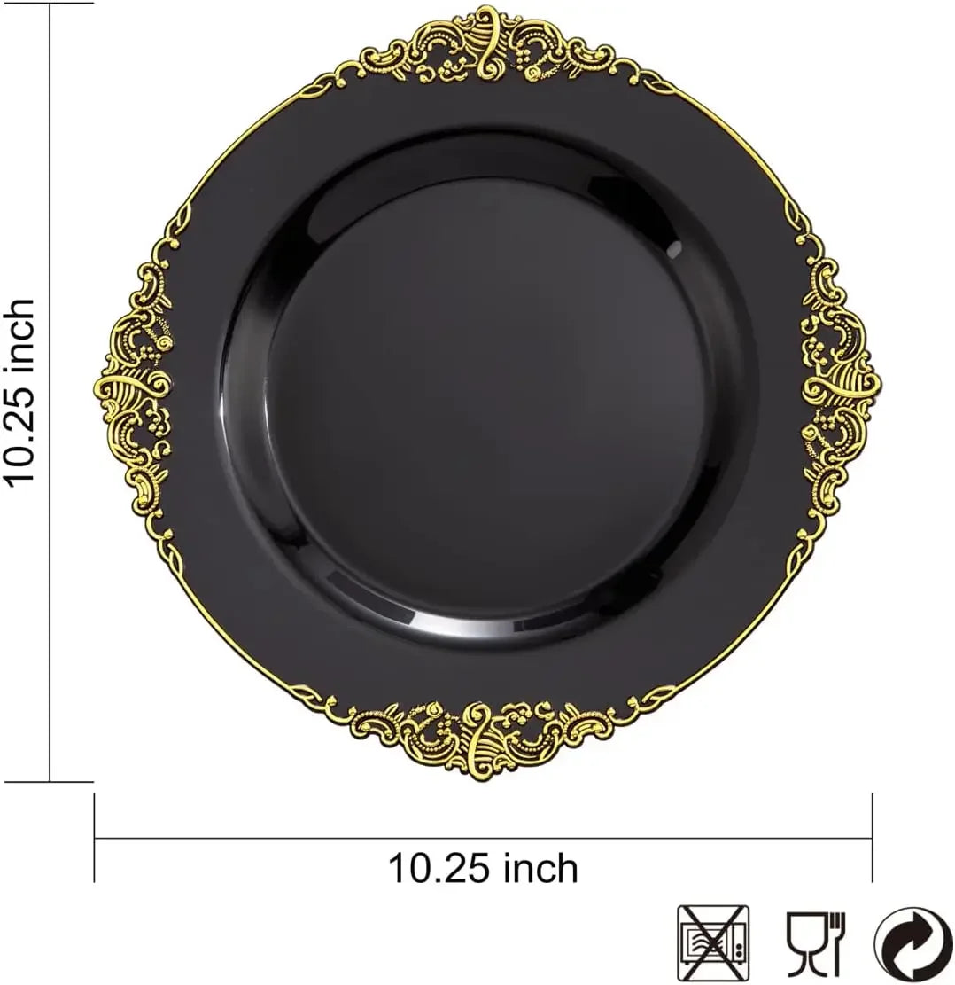 100PCS Black and Gold Plastic Plates - 10.25Inch Black Disposable Plates - Black Plastic Dinner Plates for Wedding & Parties