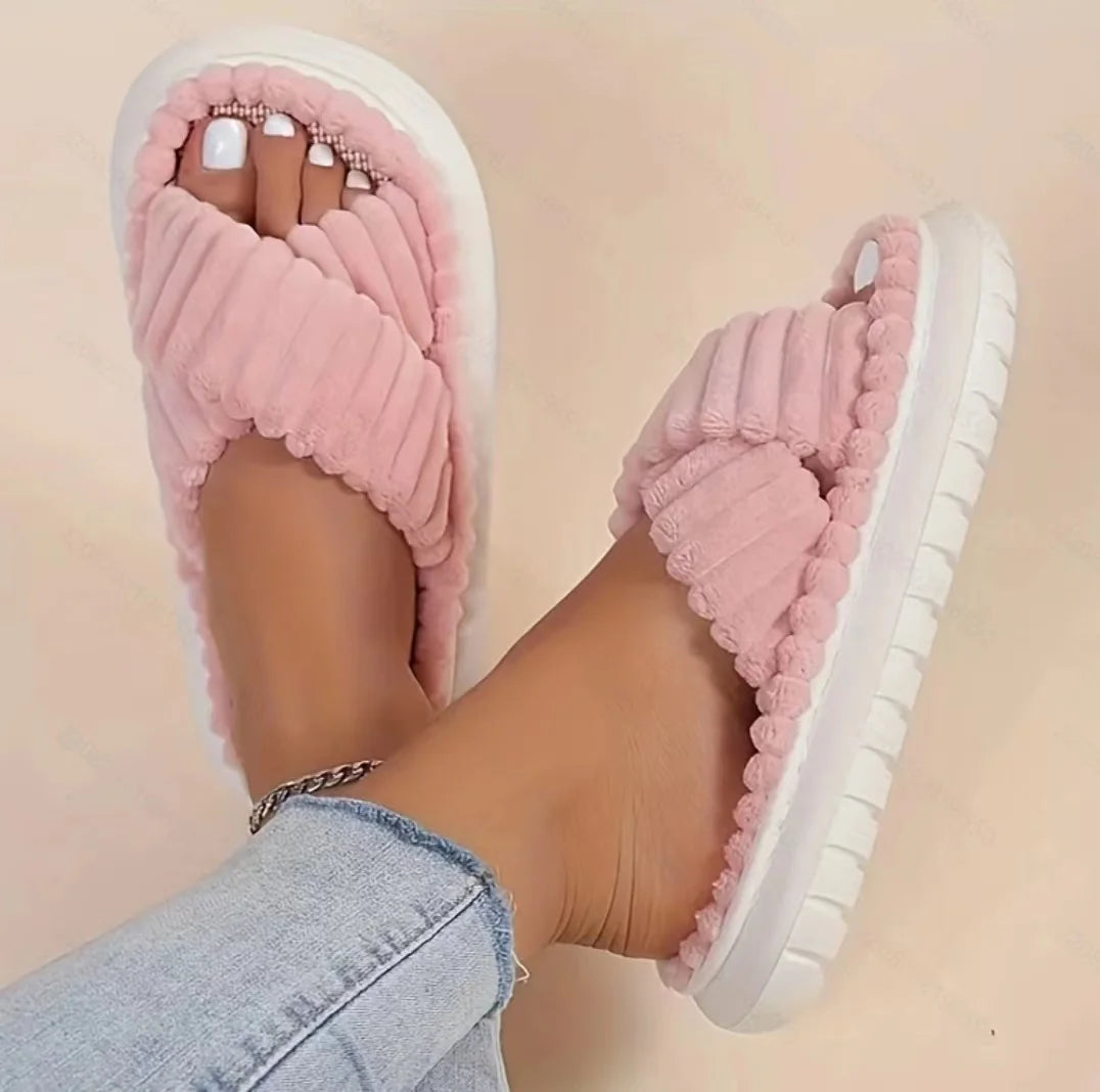 2025 Autumn Winter New Women Home Slippers Open-Toe Cross Band Linen Soled Indoor Slides Linen Soled Non-Slip Bathroom Slippers