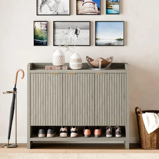 49.4" Fluted Shoe Cabinet, 3 Hinge Doors and 5 Shelves, Shoe Storage Organzier Rack with Handle for Entryway Hallway Bedroom Liv
