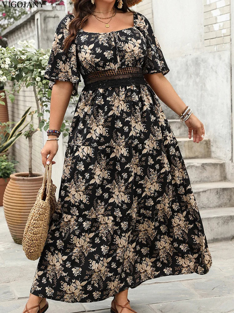 2025 Summer Print Plus Size Long Dress Women Short Sleeve Casual Large Dress Lady Square Collar Chubby Curvy Dresses