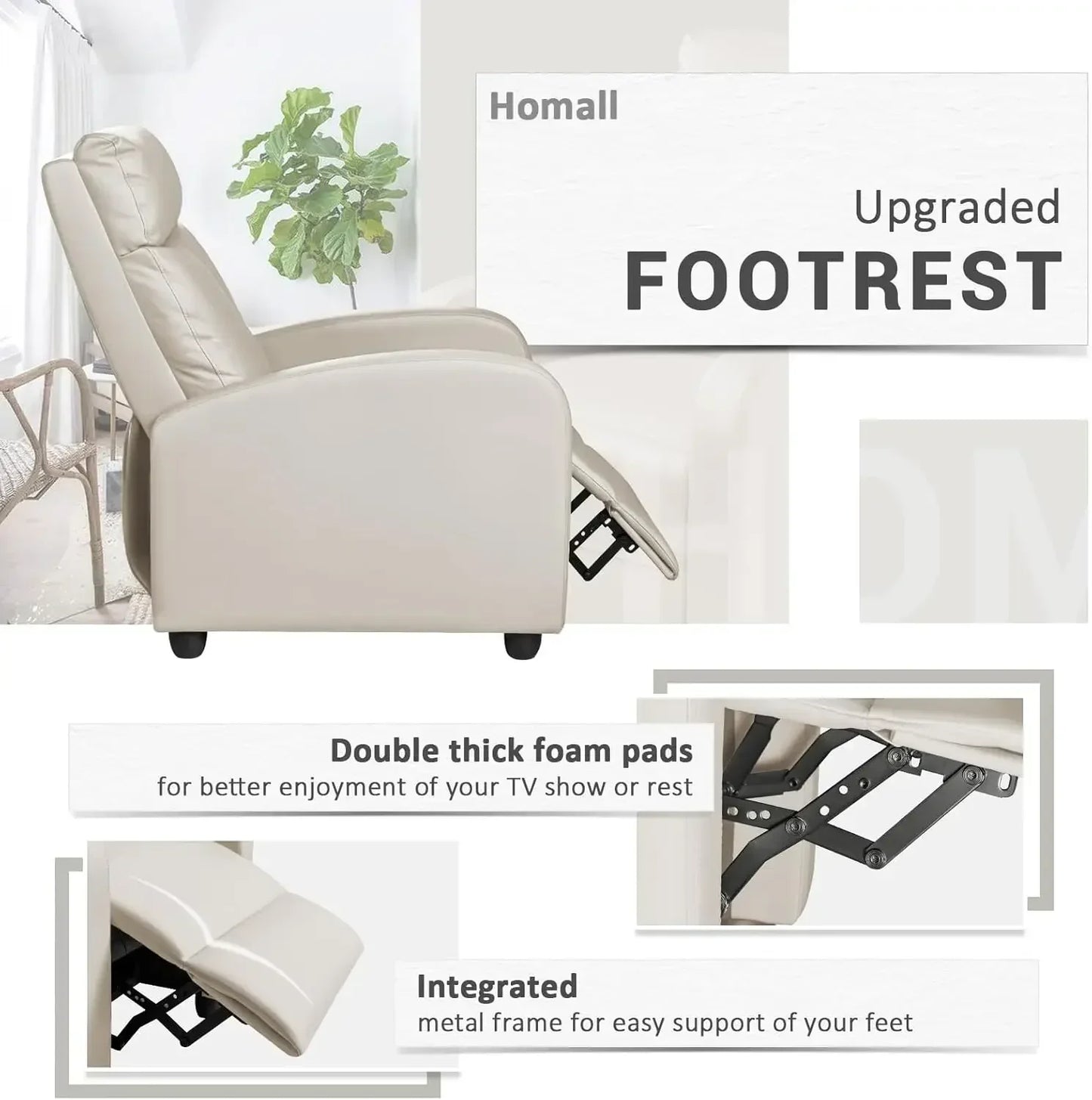 Recliner Chair, Recliner Sofa PU Leather for Adults, Recliners Home Theater Seating with Lumbar Support, (Leather, Beige)