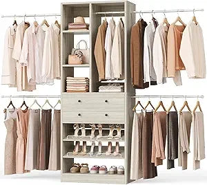 Closet System, 4-8.8 FT Closet Organizer with 2 Wooden Drawers and Shelves, Walk-in Closet System with 5 Hang Rods, Built-in Rea