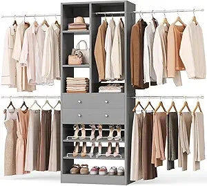 Closet System, 4-8.8 FT Closet Organizer with 2 Wooden Drawers and Shelves, Walk-in Closet System with 5 Hang Rods, Built-in Rea