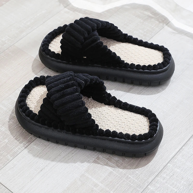 2025 Autumn Winter New Women Home Slippers Open-Toe Cross Band Linen Soled Indoor Slides Linen Soled Non-Slip Bathroom Slippers