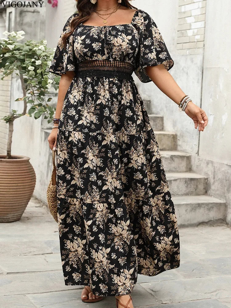 2025 Summer Print Plus Size Long Dress Women Short Sleeve Casual Large Dress Lady Square Collar Chubby Curvy Dresses
