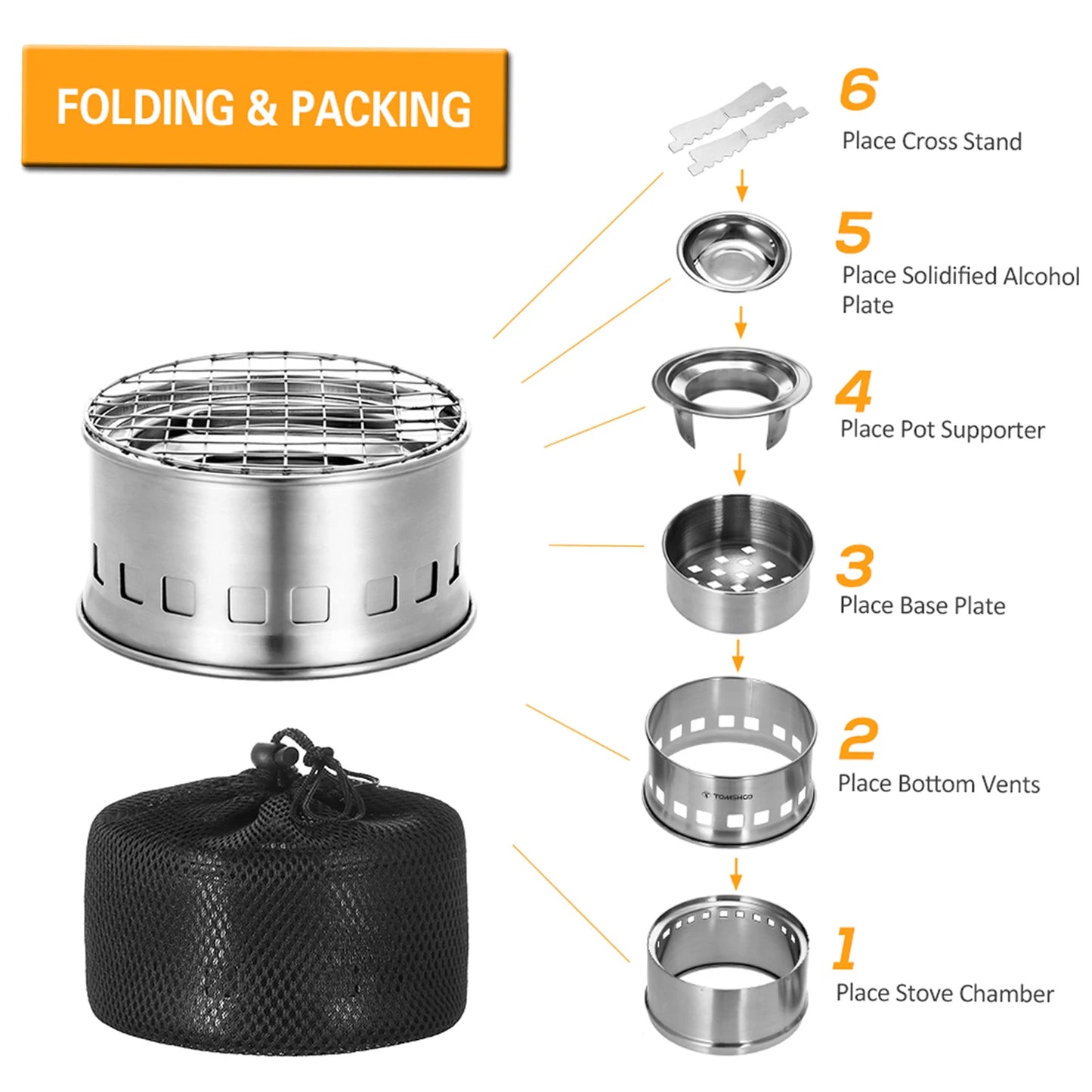 Portable Folding Windproof Wood Burning Stove Compact Stainless Steel Alcohol Stove Outdoor Camping Hiking Picnic BBQ
