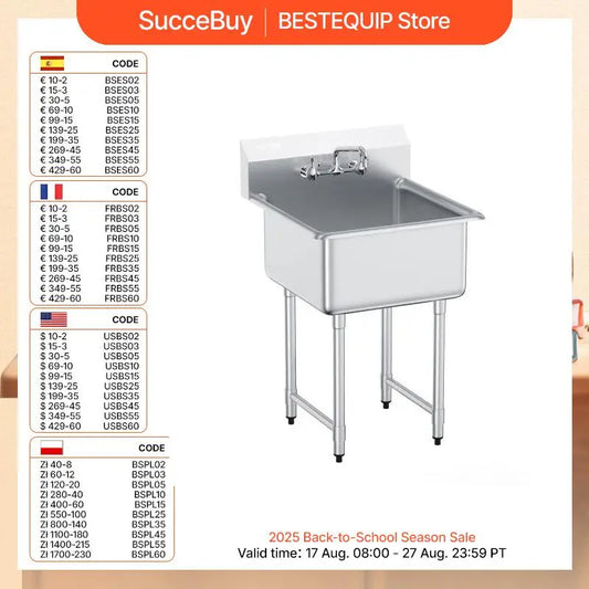 SucceBuy Stainless Steel Kitchen Prep & Utility Sink 1 Compartment Restaurant Commercial Steel Sink w/Faucet for Restaurant Home