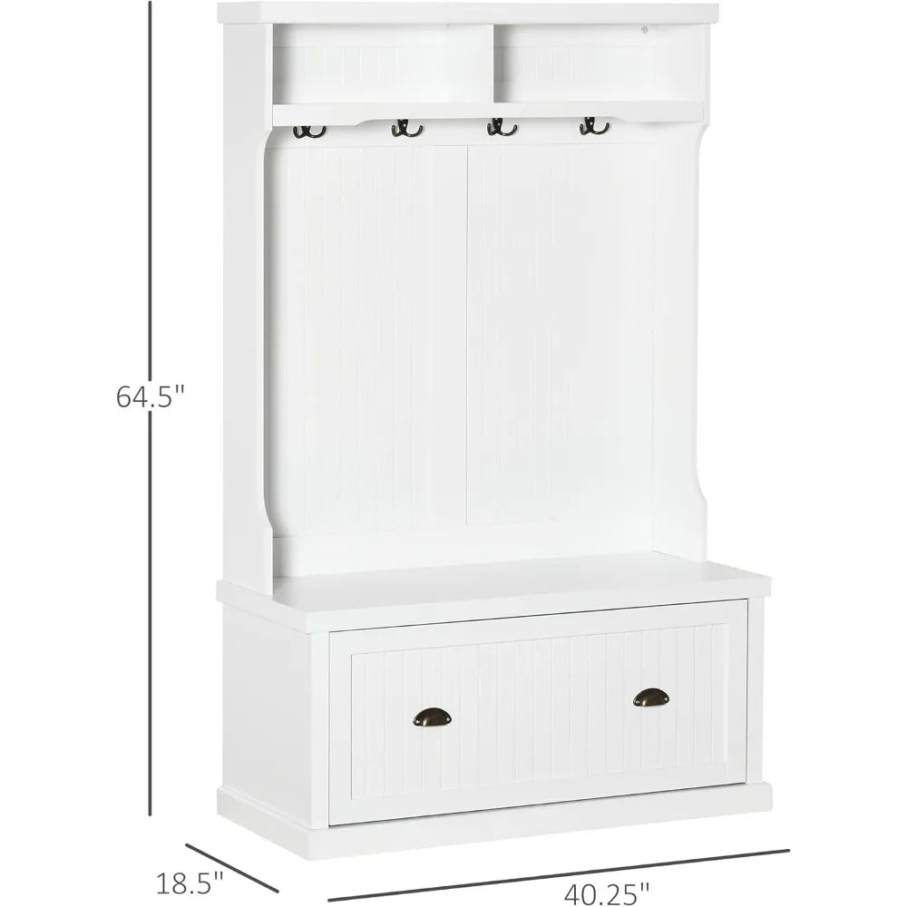 Entryway Bench with Coat Rack, 4 Double Hooks and 2 Compartments, Hall Tree with Bench and Shoe Storage for Hallway, Living Roo
