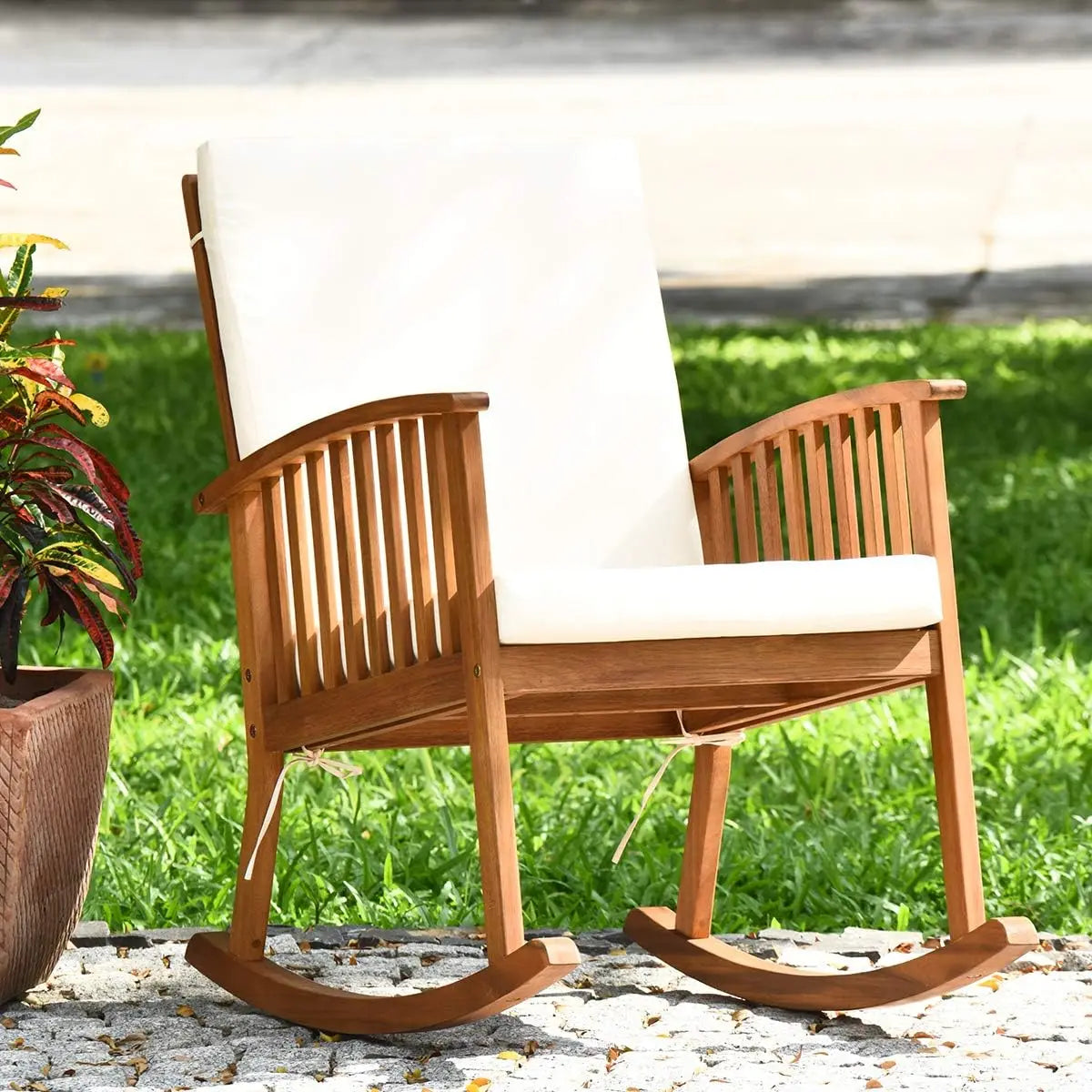 Outdoor Acacia Wood Rocking Chair, Wooden Rocker w/Detachable Washable Cushions, Rocker for Porch Garden Patio Balcony