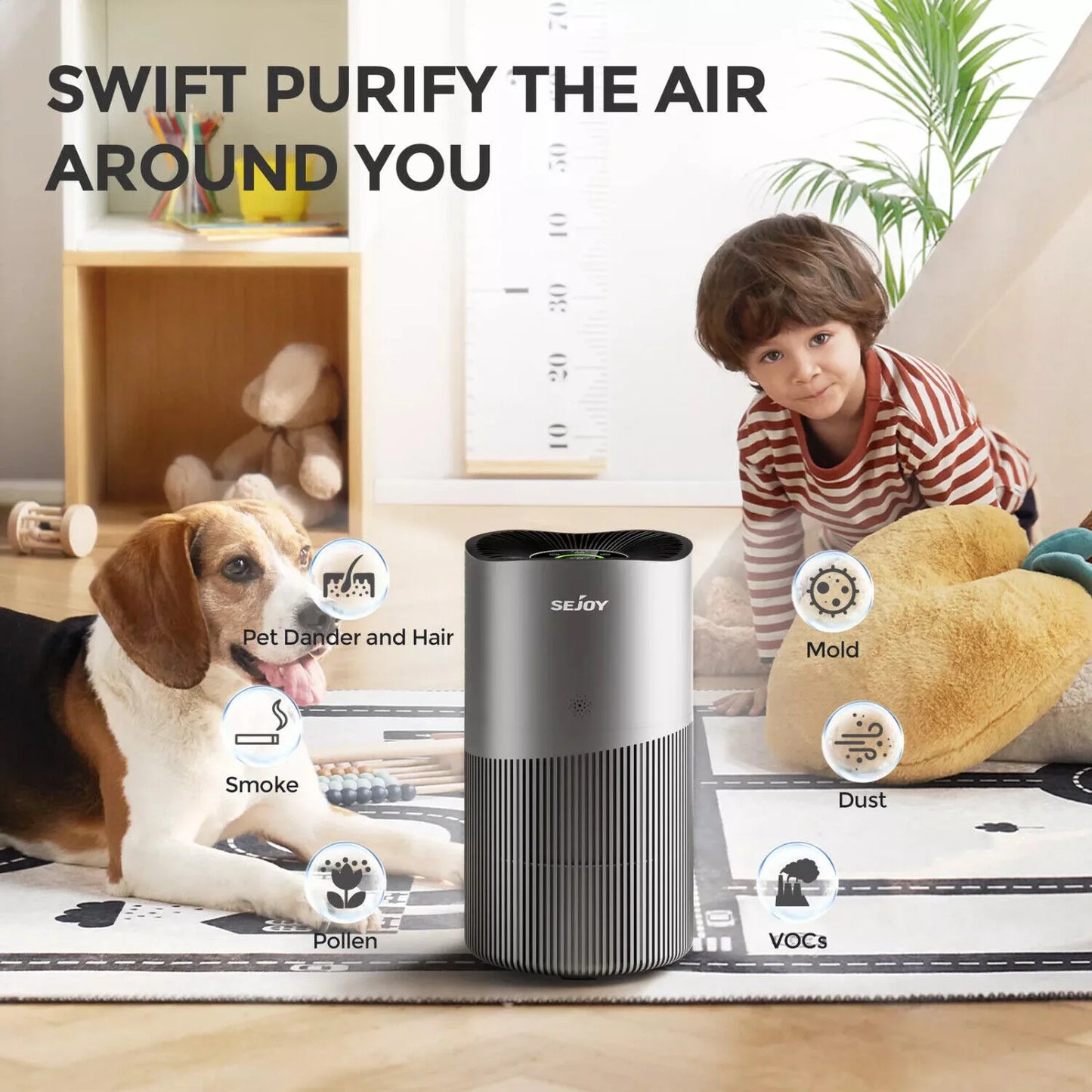SEJOY 3 Speed HEPA Air Purifier Air Fresh for Home Allergies Dust Pollen CARB Approved Real-Time Air Quality Monitor
