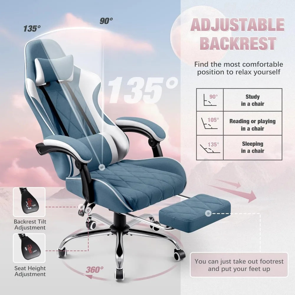 Gaming Chair, Computer Chair with Footrest and Massage Lumbar Support, Breathable Fabric High Back Video Game Chair with Swivel